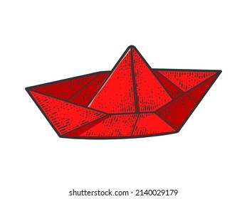 paper boat line art red color sketch engraving vector illustration. T-shirt apparel print design. Scratch board imitation. Black and white hand drawn image.