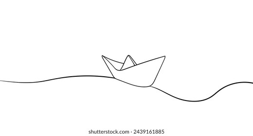 Paper boat line drawing on white background. Origami one line art drawing. Minimal vector illustration