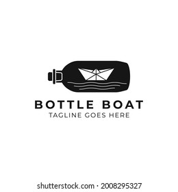 Paper boat logo floating in a bottle with waves