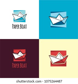 Paper Boat Logo and Icon. Vector Illustration. A logo featuring a paper boat and a background of an abstract sea and sky. 