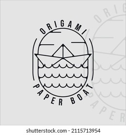 paper boat logo line art simple minimalist vector illustration template icon graphic design. origami concept boat with minimalist badge at ocean