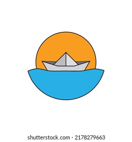 paper boat logo on the sea at sunset