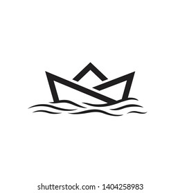 paper boat logo, wave and sea visual vector