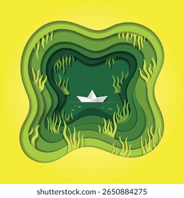 Paper Boat in a Lush Green Paper Cut-Out Landscape