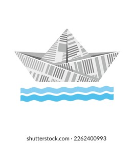 Paper boat made of newspaper illustration. Stream and Paper ship origami vector isolated illustration.