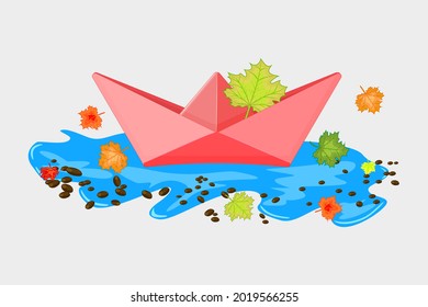 Paper boat with maple leaves in a puddle isolated on white background. Autumn concept. Paper vessel in blue pond. Origami ship. Hello autumn! Colorful seasonal icon. Stock vector illustration