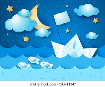 Paper boat, at night