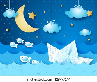 Paper boat, at night. Fantasy illustration, vector