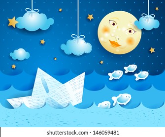 Paper boat, at night.  Vector