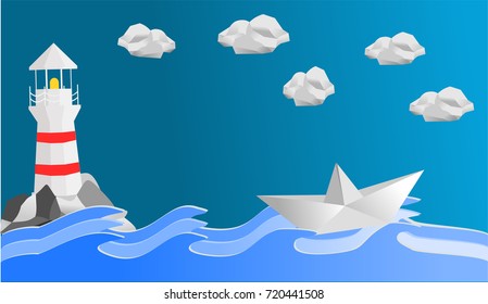 Paper boat in the ocean. Lighthouse on the rock
