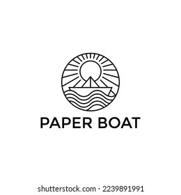 Paper boat ocean wave line logo vector illustration template design. paper boat ocean wave with sun badge icon creative idea design