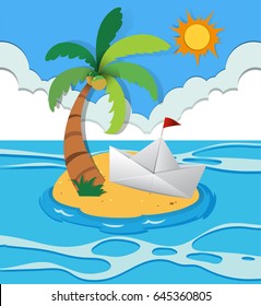 Paper boat on island illustration