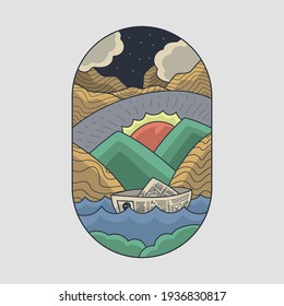 Paper boat on a river landscape illustration
