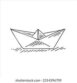 Paper boat on the water. Black and white sketch in sketch style. Vector illustration isolated on white