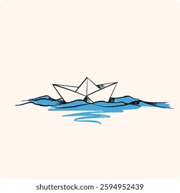 Paper boat on the water charcoal or pencil drawn illustration