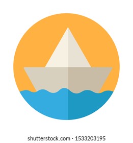 Paper boat on water origami flat icon. 
 Bright color round icon
