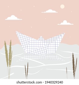 Paper boat on the water. Spring Vector illustration