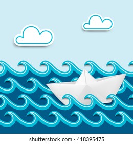 Paper boat on paper waves, nautical cartoon scenery. Japanese origami style. Cartoon sea and sky with clouds. Vacation, sale away, summer time concept. Vector illustration.