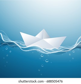 paper boat on the waves, paper boat sailing on blue water surface