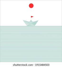 Paper boat on the waves. Seamless pattern. Simple color vector illustration.