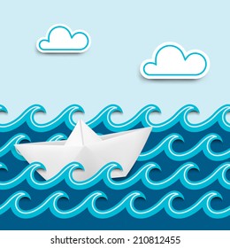 Paper boat on paper waves. Vector illustration.