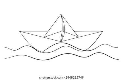 Paper boat one line continuous drawing art on white background