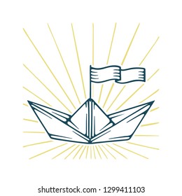 Paper Boat. Origami boat with abstract light rays hand drawn vector illustrations set.