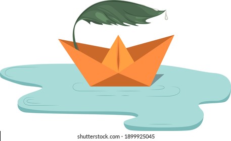 paper boat origami on water wave icon, flat design vector. vector illustration. Spring, water