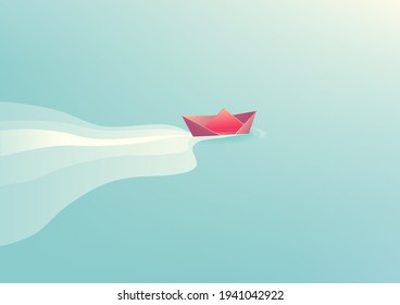 Paper boat origami on water wave. Minimal style.