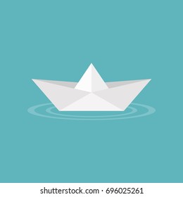 Paper Boat Origami On Water Wave Icon, Flat Design Vector