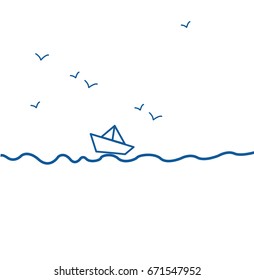Paper boat. Origami boat. Vector ship. Boat on the wave. Seagull and boat.