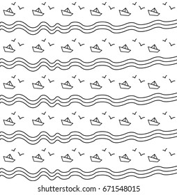 Paper boat. Origami boat. Vector ship. Boat on the wave. Seagull and boat.