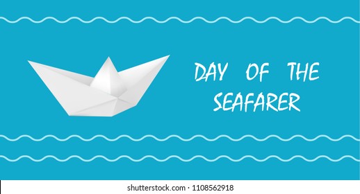 Paper Boat. Origami. White Ship Shape. Blue Background. Wavy Boarder. Waves. Day Of Seafarer. Holiday FLYER With Place For Your Text.