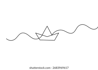 Esquema de bote de papel en una línea continua simple que dibuja la Ilustración vectorial de estilo minimalista