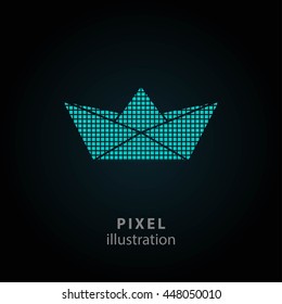 Paper boat - pixel icon. Vector Illustration. Design logo element. Isolated on black background. It is easy to change to any color.