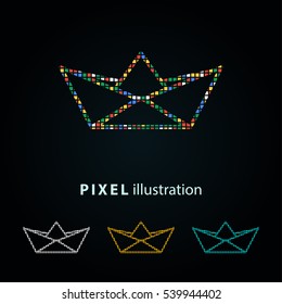 Paper boat - pixel icon. Vector Illustration. Design logo element. Isolated on black background.