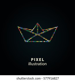 Paper boat - pixel icon. Vector Illustration. Design logo element. Isolated on black background. It is easy to change to any color.