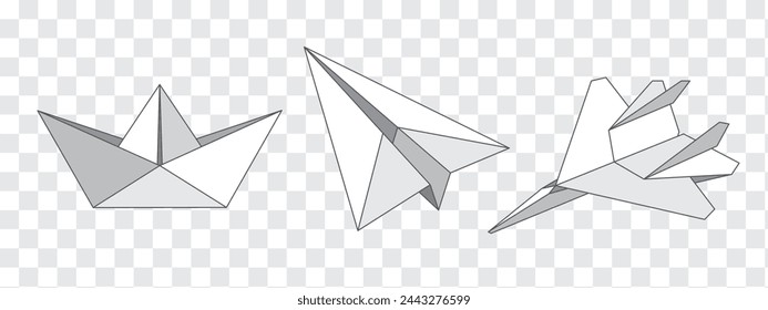 Paper boat and plane. Set of isolated vector illustrations on transparent background