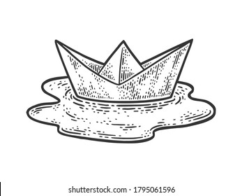 paper boat in a puddle sketch engraving vector illustration. T-shirt apparel print design. Scratch board imitation. Black and white hand drawn image.