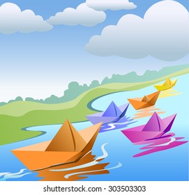 Paper boat in rainy water - Vector