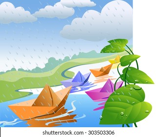 Paper boat in rainy water - Vector