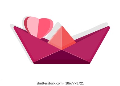 Paper boat with red heart isolated on white background. Paper cut and craft style. Pink heart in love paper ship. For Valentine's Day, card, wedding and engagement, online chat services. Stock vector