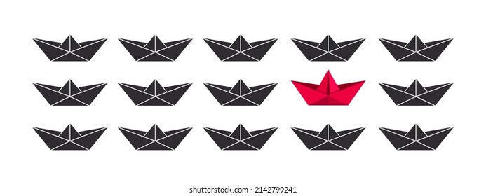 Paper boat. The red boat stands out from the crowd. Vector illustration
