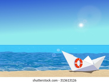 Paper boat with rescue circle, on beach sand, ocean and sun on the background, vector illustration