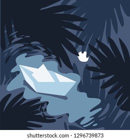 paper boat sailing on calm lake surfaceat night in the evening