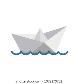 Paper boat sailing on water causing waves and ripples. Illustration design over a white background