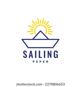 paper boat sailing shine sunburst line modern logo design vector icon illustration