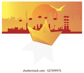 Paper boat sailing at sunset on a city background. Vector