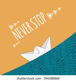 paper boat in the sea. Motivational vector illustration