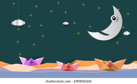 Paper boat in the sea at night with the moon in the sky.